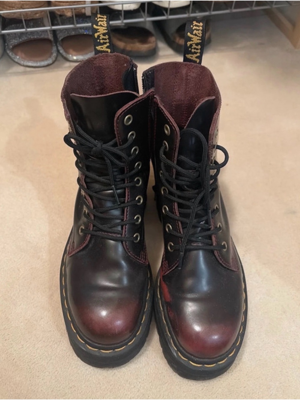 Dr. Martens Black and Burgundy Leather Lace-Up Combat Boots